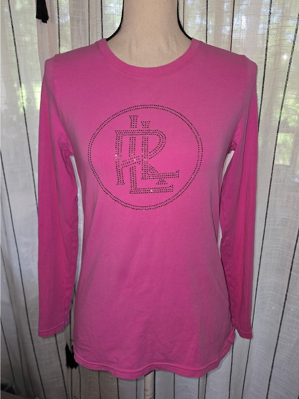Ralph Lauren Pink Long Sleeve Crewneck Tee with Rhinestone RL Logo